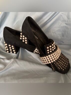 Jeffrey Campbell Black Suede Pearl & Crystal Fringe Block Heels